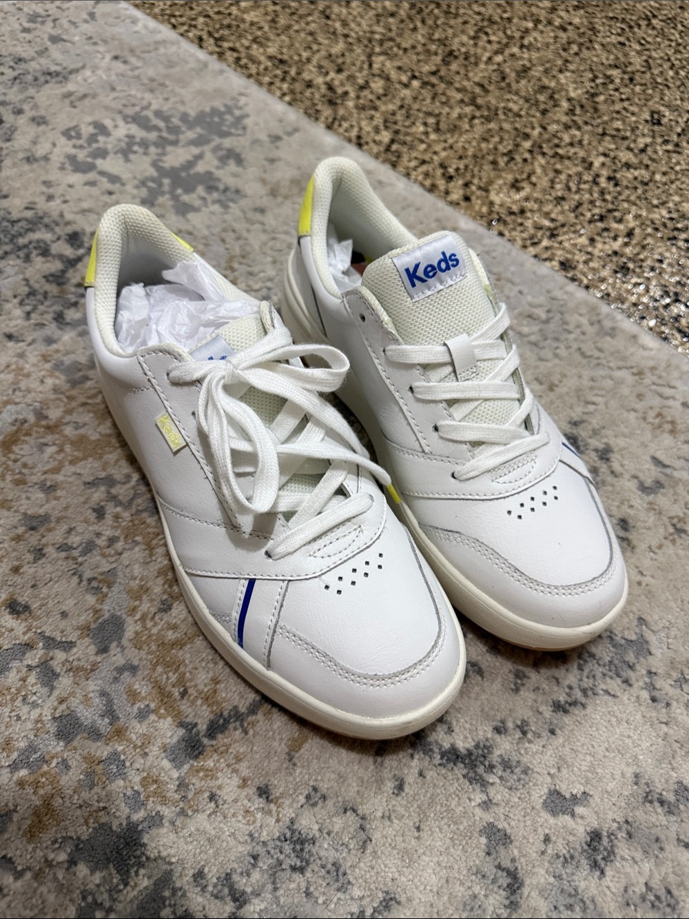 Keds adult White pickleball Sneakers with Yellow and Blue Accents